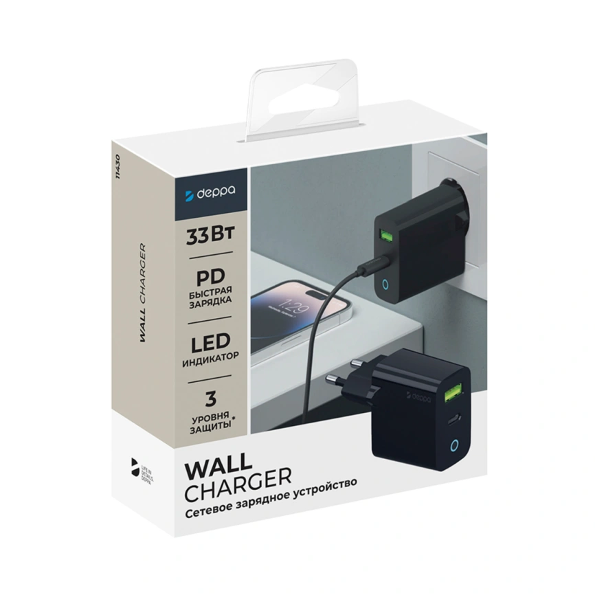 Сетевое зарядное устройство Deppa 33W USB-A/USB-C 11430 Black фото 2